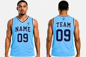Camiseta de Baloncesto Personalizada para Hombre, Azul Claro, Cuello en V, Sin Mangas, Impresión Sublimada con Nombre y Número 09, Transpirable, Absorbe la Humedad, 100% - Product Image 6