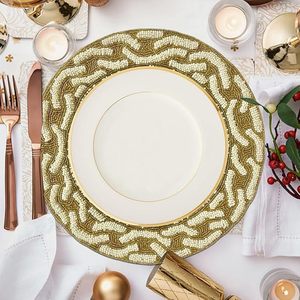 Napperon brodé à la main de haute qualité Unique or ivoire perles de verre conception pour les fêtes et autres occasions prix de gros - Product Image 5