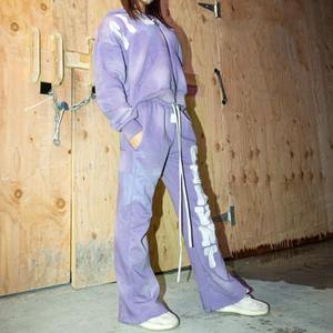 Apliques parches bordados Jogger chándales personalizado lavado ácido sol desteñido acampanado chándal conjunto Zip Up Sudadera con capucha y pantalones de chándal hombres - Product Image 3