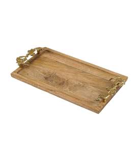 Plateau de service rectangulaire en bois de manguier de qualité supérieure, écologique, décoratif, finition laquée, poignées en feuille d'or, pour mariage et événements - Product Image 5