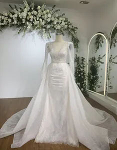 Vestido de boda de sirena 2 en 1, cola larga de encaje de flores, hecho a mano