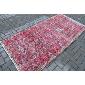 Vintage Turkish <b>Wool</b> Area Rug 3.8x7.6 ft (115x232 Cm) Eco Friendly Patchwork Design with <b>Red</b> Border and Latex Backing - Product Image 2