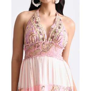 Womens Blush Pink Printed Maxi <b>Dress</b> Sleeveless V Neck Empire Waist <b>Long</b> <b>Dress</b> Boho Ethnic Summer Wear - Product Image 3