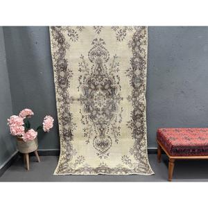 Vintage Rug, Area 3.9x7 ft Turkish Rug, <b>Brown</b> Ikat <b>Wool</b> Rug - Product Image 1