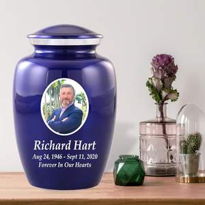 Urna de cremación de metal azul de tamaño personalizado, foto personalizada, hombre adulto, mujer, cenizas, entierro, hecho a mano, tamaño personalizado, azul - Product Image 4