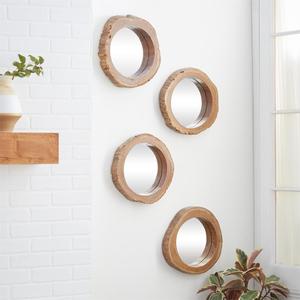 Set 4 Brown Teak Wood Live Edge <b>Wall</b> <b>Mirrors</b> 13\"W X 13\"H Vintage Modern Design Framed Aluminium <b>for</b> Home <b>Bathroom</b> Decorative - Product Image 1