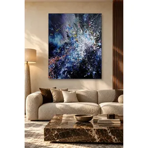 Impression sur toile abstraite Fida, fond bleu marine, éclaboussures de peinture blanche - Product Image 1