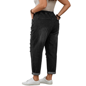 Womens Black Denim Jogger Pants Appliques Mid <b>Elastic</b> <b>Waist</b> Casual Streetwear Regular Breathable Washed Everyday Wear Wholesale - Product Image 2