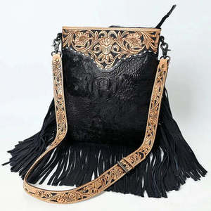 Bolso Bandolera Cruzado de Cuero Genuino Negro para Mujer, Estilo Bohemio Vintage Exclusivo, Tallado a Mano con Flores y Flecos, Gran Venta - Product Image 6