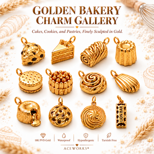 Golden Bakery Charms | Stainless Steel 18K PVD Gold Plated Cake Cookie Pastry Dessert Food Pendants | Waterproof & Tarnish Free - Product Image 1