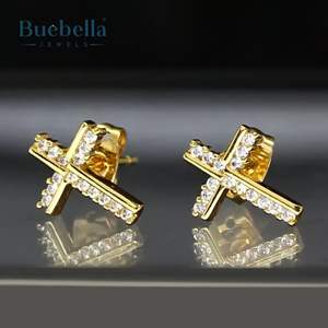 S925 plata esterlina 14K oro laboratorio cultivado redondo corte brillante diamante Hip Hop Micro Cruz Stud pendientes para hombres - Product Image 2
