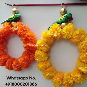 Guirlandes de souci rondes rouges et jaunes traditionnelles avec des tentures de travail de conception de perroquet pour des guirlandes de décor de Diwali, Hldi, Mehendi - Product Image 3