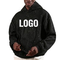 Sudadera con Capucha Negra Extra Grande Unisex Personalizada, Estilo Urbano, con Estampado de Diamantes de Imitación en Toda la Superficie, Bolsillo Bordado, Ecológica, para Invierno