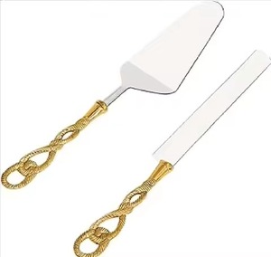 Jeu de serveurs à gâteaux en laiton lame dorée avec élégante incrustation de poignée en bande de nacre rectangulaire - Product Image 4