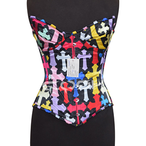Party Wear Steel Boned Underwire Cups Overbust Cross Print <b>Corset</b> - Product Image 5