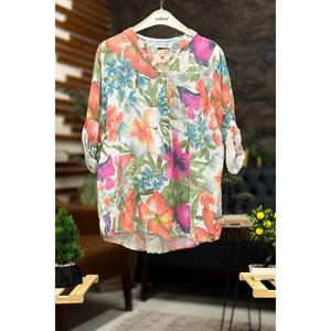 Zambak Desen Hakim Yaka Düğmeli İthal Keten Gömlek - Product Image 1