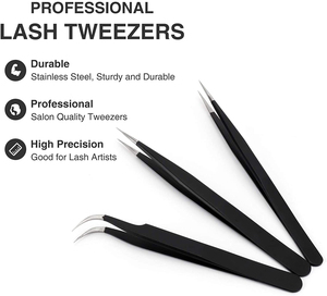 Pointe en fibre pointue noire mate incurvée et droite 2 pièces ensemble de pinces à épiler d'extension de cils de beauté à prise souple facile avec personnalisation - Product Image 3