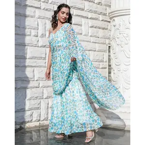 Sari de Chifón Puro con Estampado Azul Flora y Volantes, con Trabajo a Mano, Ligero, para Fiestas, para Mujer - Product Image 5