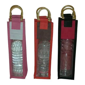 Hot Selling 2024 PVC window packaging burlap wine bag Wooden D Shape Cane Handle Jute One Bottle Wine Bag