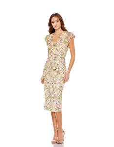 Elegante bordado crepé Midi cuello en V vestido de noche Sexy con cuentas y lentejuelas mangas de capa cristal decorado para fiestas y bailes - Product Image 3