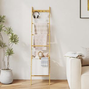 Étagère échelle en bambou style minimaliste, décoration rustique pour la maison, support en bois pour couvertures et serviettes, pour l'organisation des couettes domestiques - Product Image 1