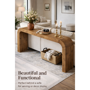โต๊ะคอนโซลหรูหราทันสมัย 70.9 นิ้ว สไตล์ฟาร์มเฮาส์ ทำจากไม้โอ๊คแท้ สำหรับทางเข้าบ้าน ปรับเปลี่ยนรูปแบบได้ มุมโค้งมน พร้อมกระจกตกแต่ง - Product Image 1