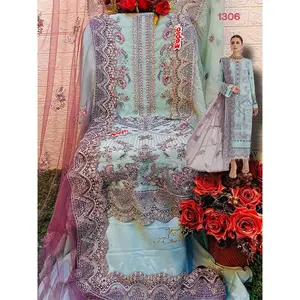 Costumes pakistanais en organza pour femmes Nouveau travail de broderie lourde Tenue de fête en coton indien Salwar traditionnel ethnique à bas prix - Product Image 1