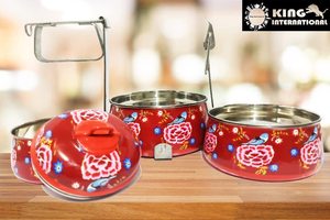 King International Stainless Steel Red Painted Pyramid Tiffin Box Three Tier Lunch Box, Lunch Box <b>for</b> Kids, Lunch Box <b>for</b> Office - Product Image 6