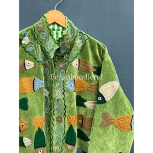 Autumn Unisex Handmade BoHo Hippie Short <b>Coat</b> Winter Jacket Fish Embroidery Velvet Outer Cotton Lining Knitted Stand Party Wear - Product Image 1