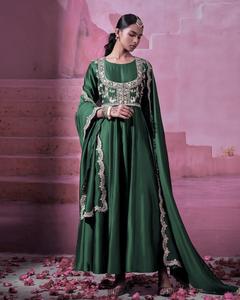 Unity Luxure Premium <b>Emerald</b> <b>Green</b> Embroidered Anarkali <b>Suit</b> Set with Dupatta Luxury Silk Blend Fabric - Product Image 2