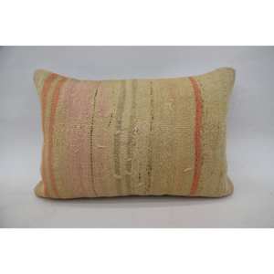 Oreiller en laine beige rayé subtil 16x24 pouces Motif vintage Technique de patchwork tissé Kantha - Product Image 1