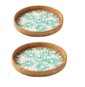 Plateau de service rond en bambou pour hôtels et cuisines domestiques, plateau de service en rotin avec incrustations d'os, prix de gros - Product Image 5