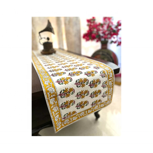 GOTS Certified 100% Cotton Sustainable 72 Inch 250g <b>Table</b> <b>Runner</b> Modern Embroidered Scandinavian Mustard Border <b>Weddings</b> - Product Image 1