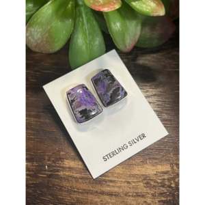 Pendientes Étnicos Navajo con Charoita, Granate y Diamante, Oro de 14K, Diseño Geométrico, Engaste de Bisel, Plata de Ley con Incrustaciones de Oro Rosa - Product Image 4