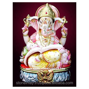 Estatua de Ganesha de mármol tallado a mano, libro de lectura colorido, posición sentado, trono, aspecto hermoso, Murti Kappa - Product Image 1