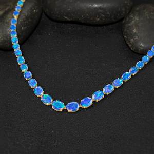 Collar de Tenis con Gema Ovalada de Ópalo Etíope Azul Genuino, Plata de Ley 925, Chapado en Oro de 14k, Certificado IGI, para Niños y Mamá - Product Image 6