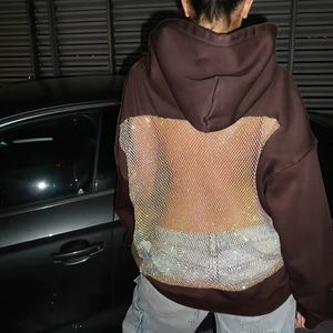 เสื้อฮู้ดโอเวอร์ไซส์ประดับคริสตัลที่แผงหลังแบบตาข่าย  แบบยูนิเซ็กส์  สำหรับฤดูใบไม้ร่วง  ถักนิตติ้ง  ทรงปกติ  สีพื้น - Product Image 3