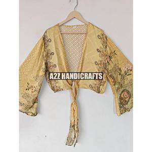 เสื้อครอปผ้าไหมผูกเอวลอยลำลองสำหรับผู้หญิงเสื้อผูกเอวลอยลายดอกไม้ใส่ไปปาร์ตี้ฤดูร้อนเสื้อผูกคอวีแบบย้อนยุครีไซเคิล - Product Image 5