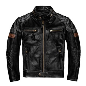Nouveau Vintage veste en cuir de vachette pour hommes décontracté mince manteau en cuir de moto avec col montant toile tissu vraie veste - Product Image 4