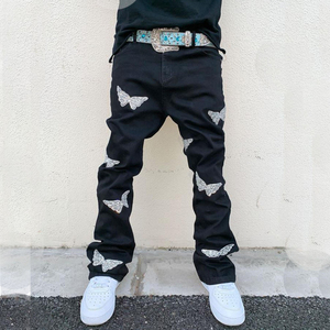 Custom Washed Stretch Denim Cotton Trouser for Men Heavyweight Flare <b>Jeans</b> Streetwear Embroidery Black Skinny Shorts - Product Image 6