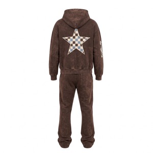 Chándal unisex de forro polar grueso con estampado DTG, pedrería y lavado ácido, sudadera con capucha con cremallera y pantalones de chándal acampanados, 420 GSM, transpirable y lavado. - Product Image 2
