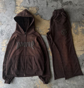 Survêtement vintage délavé à l'acide personnalisé pour hommes Streetwear vieilli coupe et couture Patchwork ensemble sweat à capuche et pantalon de survêtement - Product Image 2