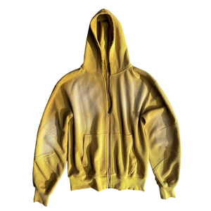 Sweat à capuche zippé pour homme, en molleton de coton délavé jaune, style streetwear surdimensionné, effet délavé soleil, personnalisable avec logo, style zippé intégral pour homme - Product Image 1