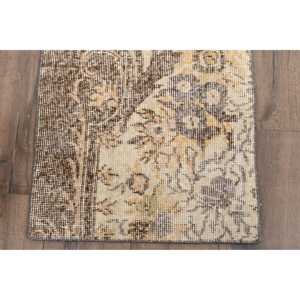 Vintage Rug, 1.6x4.4 ft Turkish Rug, <b>Brown</b> Beige Bordered <b>Wool</b> Rug - Product Image 2