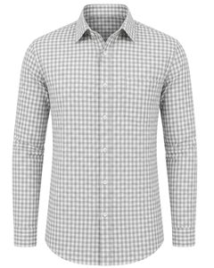 Camisa formal a cuadros gris claro y blanco para hombre, de manga larga, con botones, informal, para oficina, de algodón, estilo vestir. - Product Image 1