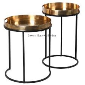 Ensemble de 2 tables gigognes modernes en métal avec dessus en bois de forme hexagonale et cadre enduit de poudre de couleur noire - Product Image 3