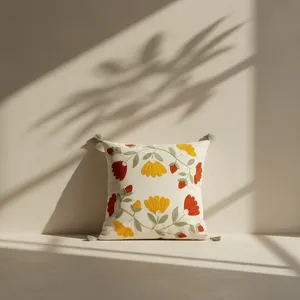 Yellow&Red Floral Embroidered Square Home <b>Cushion</b> <b>Cover</b> (Cotton) - Product Image 2