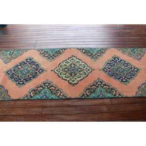 Alfombra Turca Vintage, Alfombra de Pasillo de 3,3x13,2 pies, Alfombra a Rayas Azul y Rosa - Product Image 3