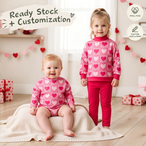 OEM/ODM Valentine's Day Girls Clothing Set <b>Heart</b> <b>Print</b> Mock Neck <b>Top</b> Leggings and Infant Bubble Romper Boutique Outfits - Product Image 1