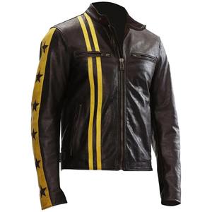 Blouson en cuir marron et jaune pour homme 2026 ONEAPEX INTERNATIONAL Style course moto avec rayures étoilées et fermeture éclair avant - Product Image 1